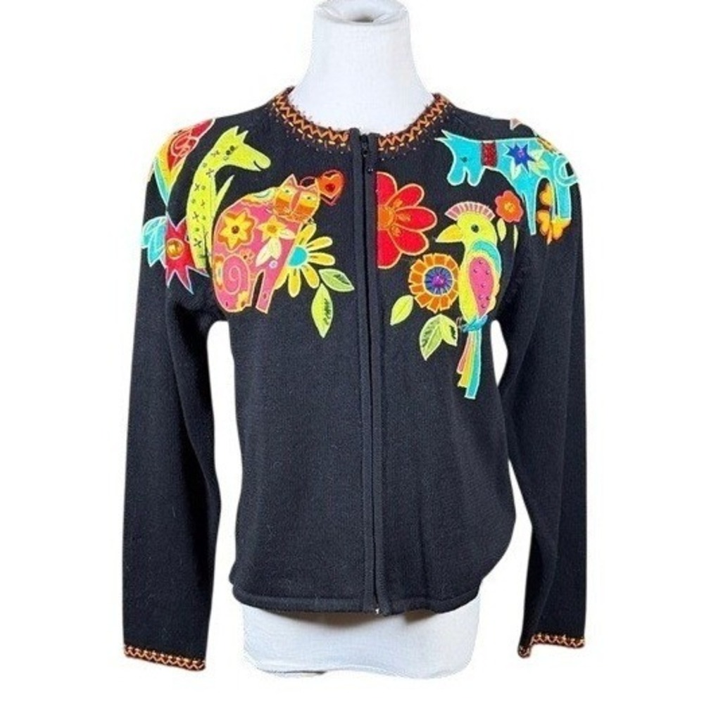 Arriviste Womens Black Ramie Cotton‎ Animal Embroidered Zip Cardigan Sweater M